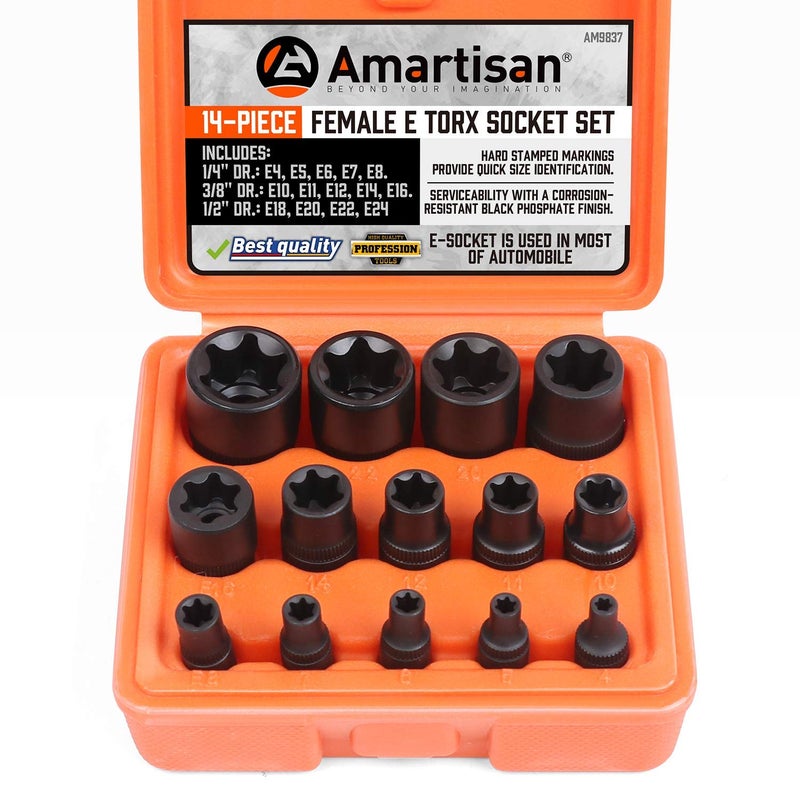 Amartisan 14 Pc Female E-Torx Star Socket Set/Rail, 1/4" 3/8" 1/2" Drive, E24 External Torque Socket Set - Image 1